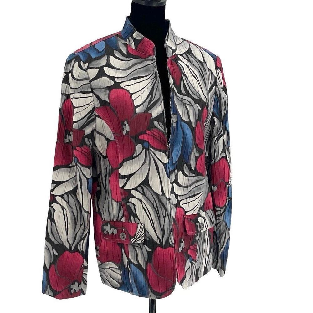 Alfred Dunner Womens Multicolor Floral Full Zip Lined Cotton Blend Jacket Size 8
